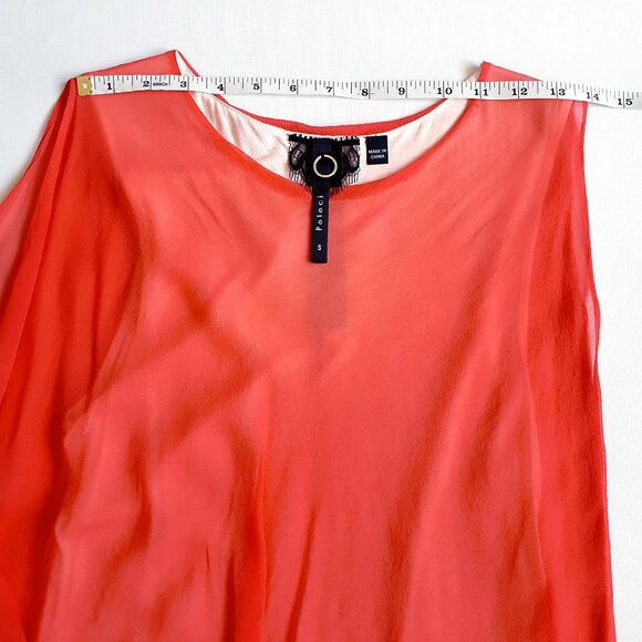 POLECI 100% Silk Cape Sleaveless Blouse in Bright Coral Red Pink Orange - Picture 6 of 16